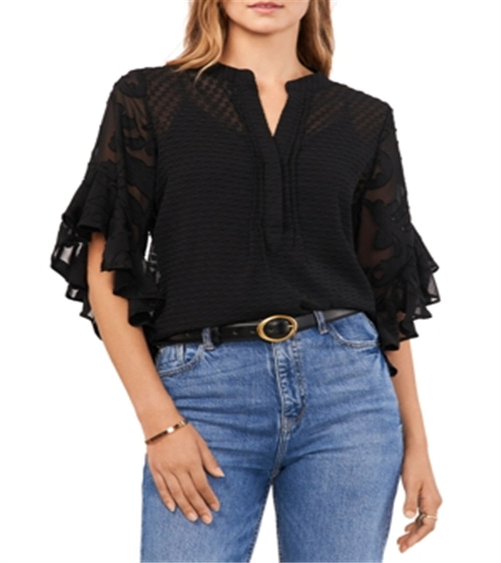 Vince Camuto Pintuck Trim Ruffled Sleeve Top Black Size Medium