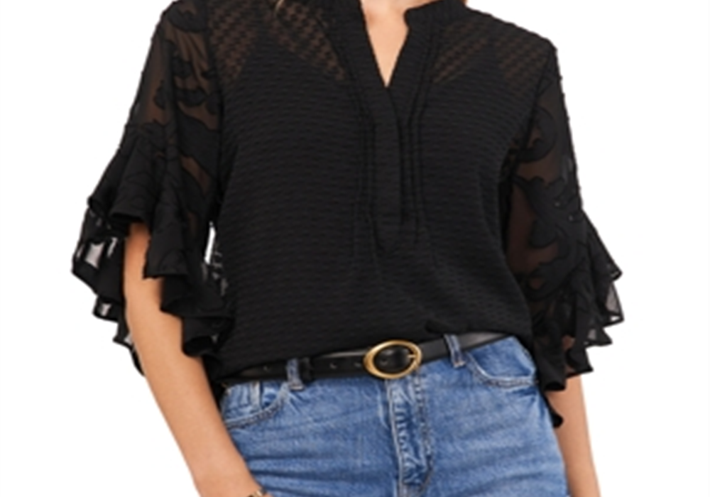Vince Camuto Pintuck Trim Ruffled Sleeve Top Black Size Medium