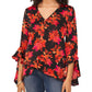 Vince Camuto Printed V Neck Layered Hem Top Black