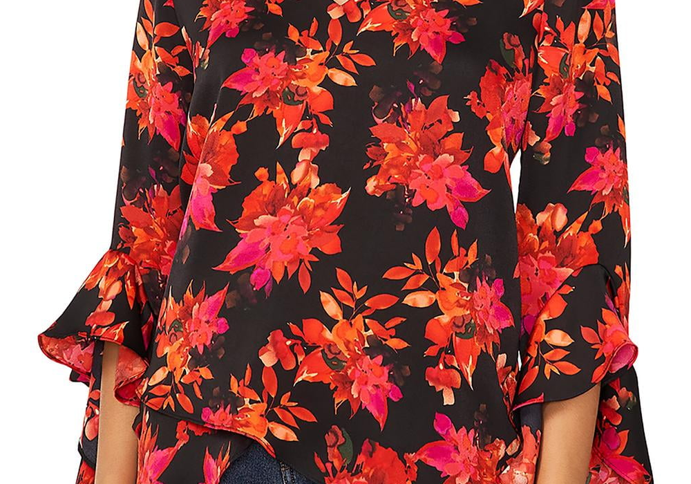 Vince Camuto Printed V Neck Layered Hem Top Black