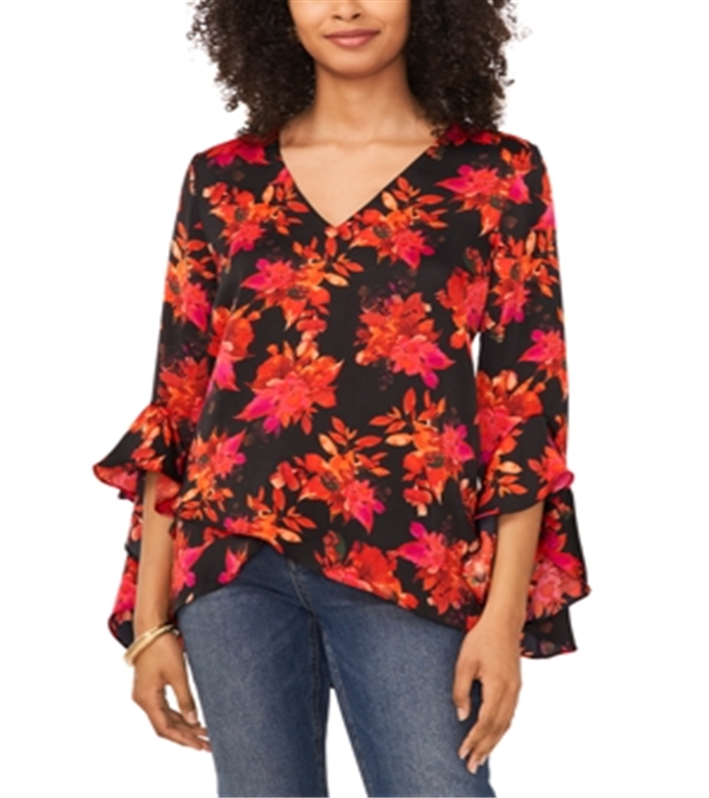 Vince Camuto Printed V Neck Layered Hem Top Black
