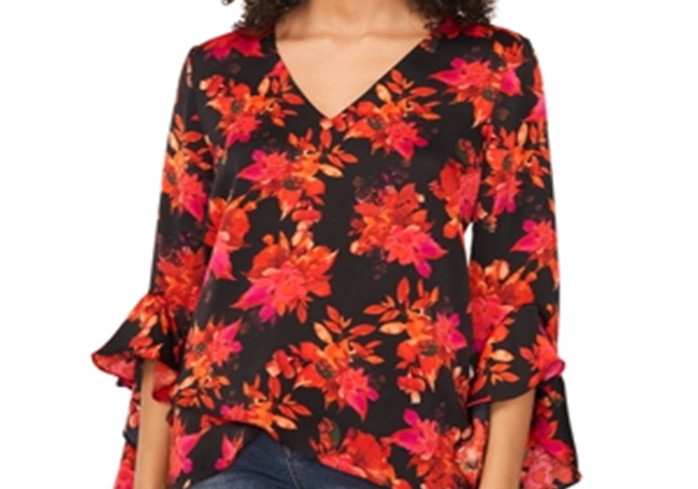 Vince Camuto Printed V Neck Layered Hem Top Black