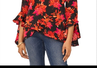 Vince Camuto Printed V Neck Layered Hem Top Black