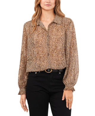 Vince Camuto Women's Printed Button-Front Long-Sleeve Blouse Brown Size XS