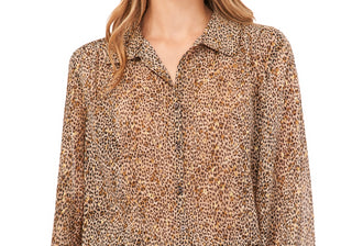 Vince Camuto Women's Printed Button-Front Long-Sleeve Blouse Brown Size XS