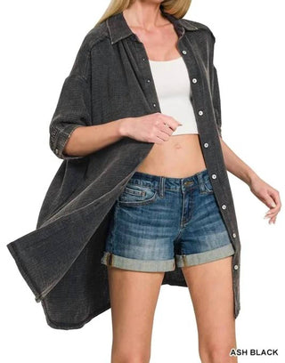 Trendsi - Zenana Washed Double Gauze Button Down Shirt Dress