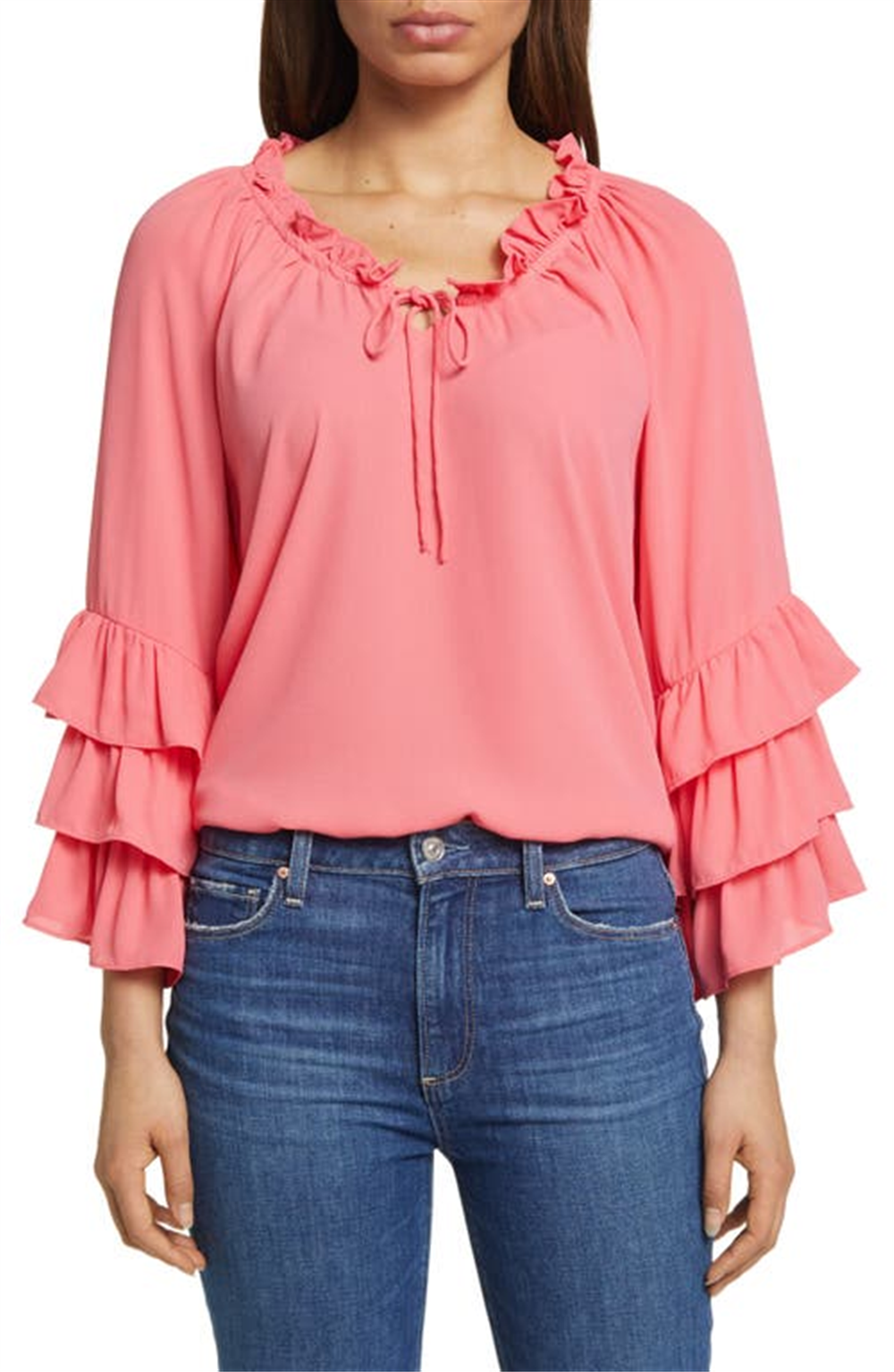 Vince Camuto Raglan Ruched Split Neck Ruffle Sleeve Blouse in Radiant Orange Size XXS