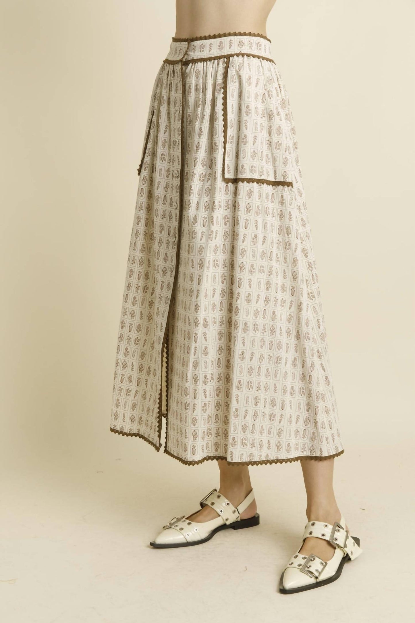 Aureum - Floral Midi Skirt With Trim