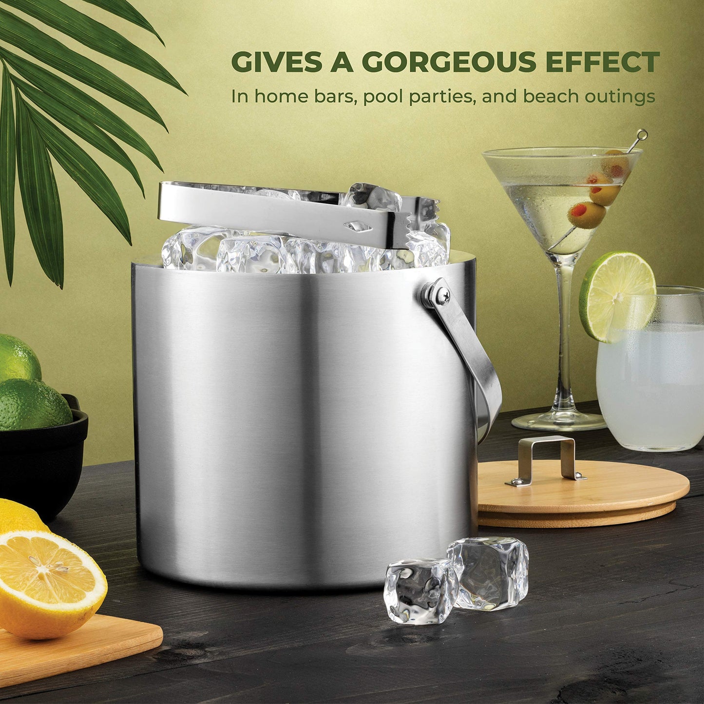 Double- Wall Stainless Steel Insulated Ice Bucket with Lid & Ice Tong