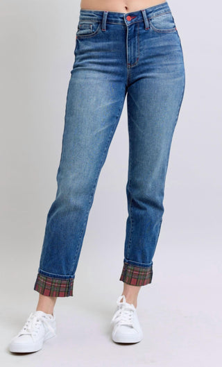 Judy Blue - Plaid Print Cuff Boyfriend Jean