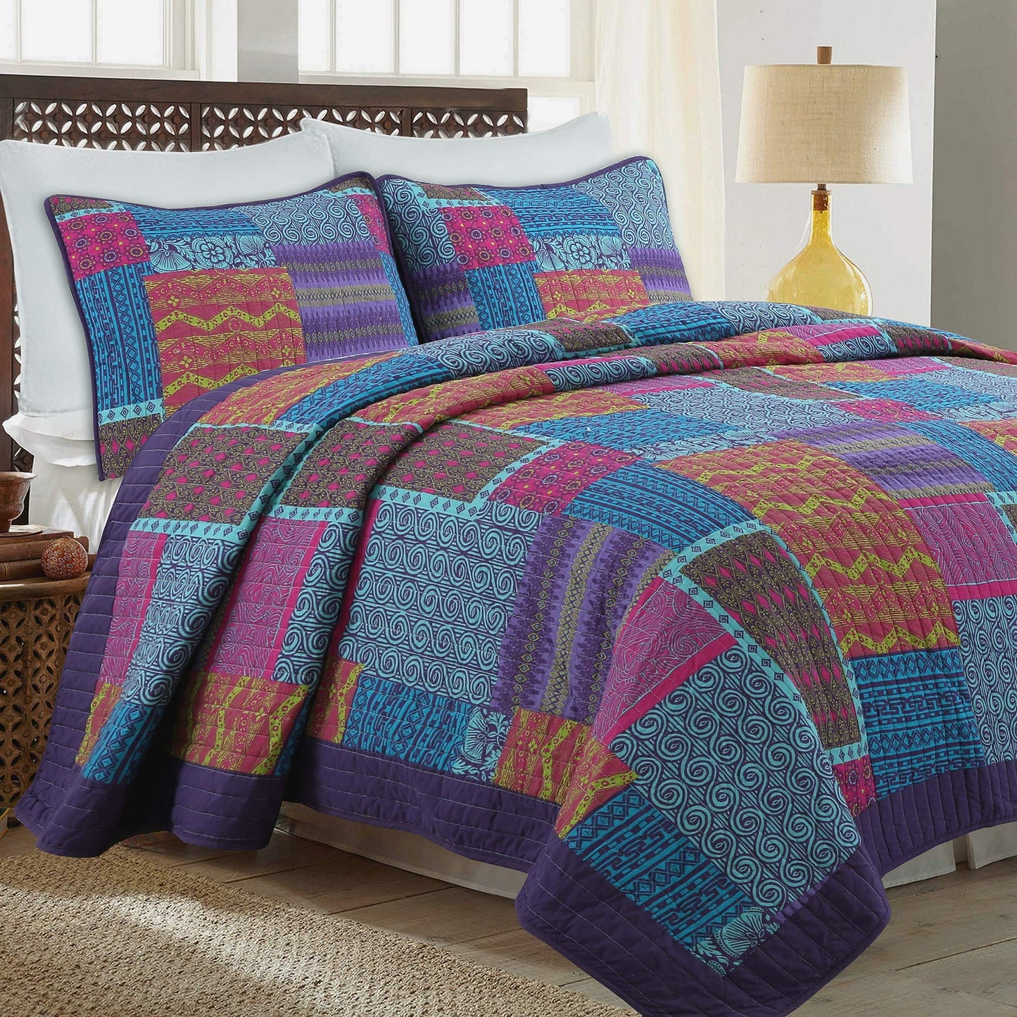 Artsy Bohemian Patchwork Cotton Quilt Bedding Set  Queen