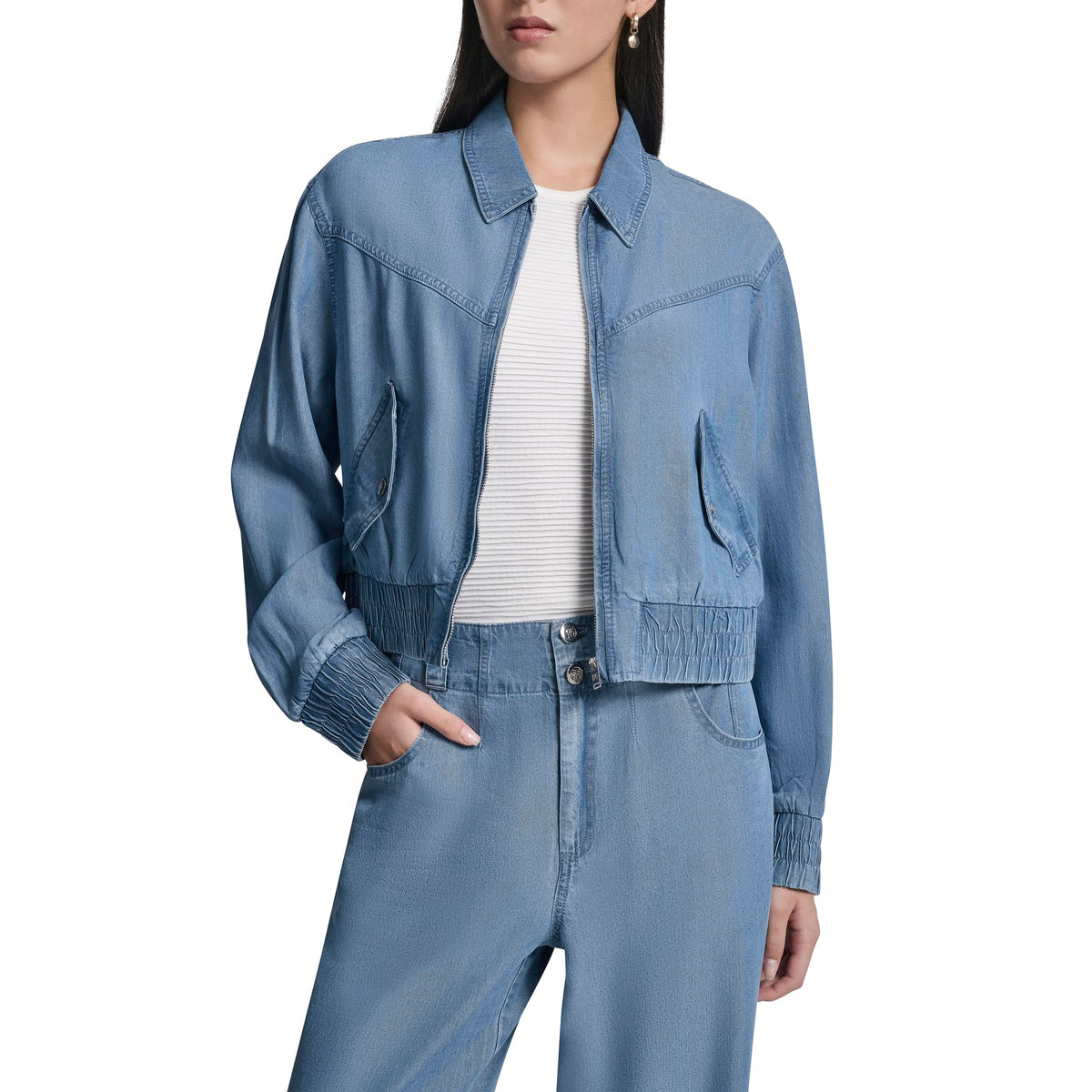 DKNY Womens Long Sleeve Zip Front Tencel Bomber Jacket Stream Large