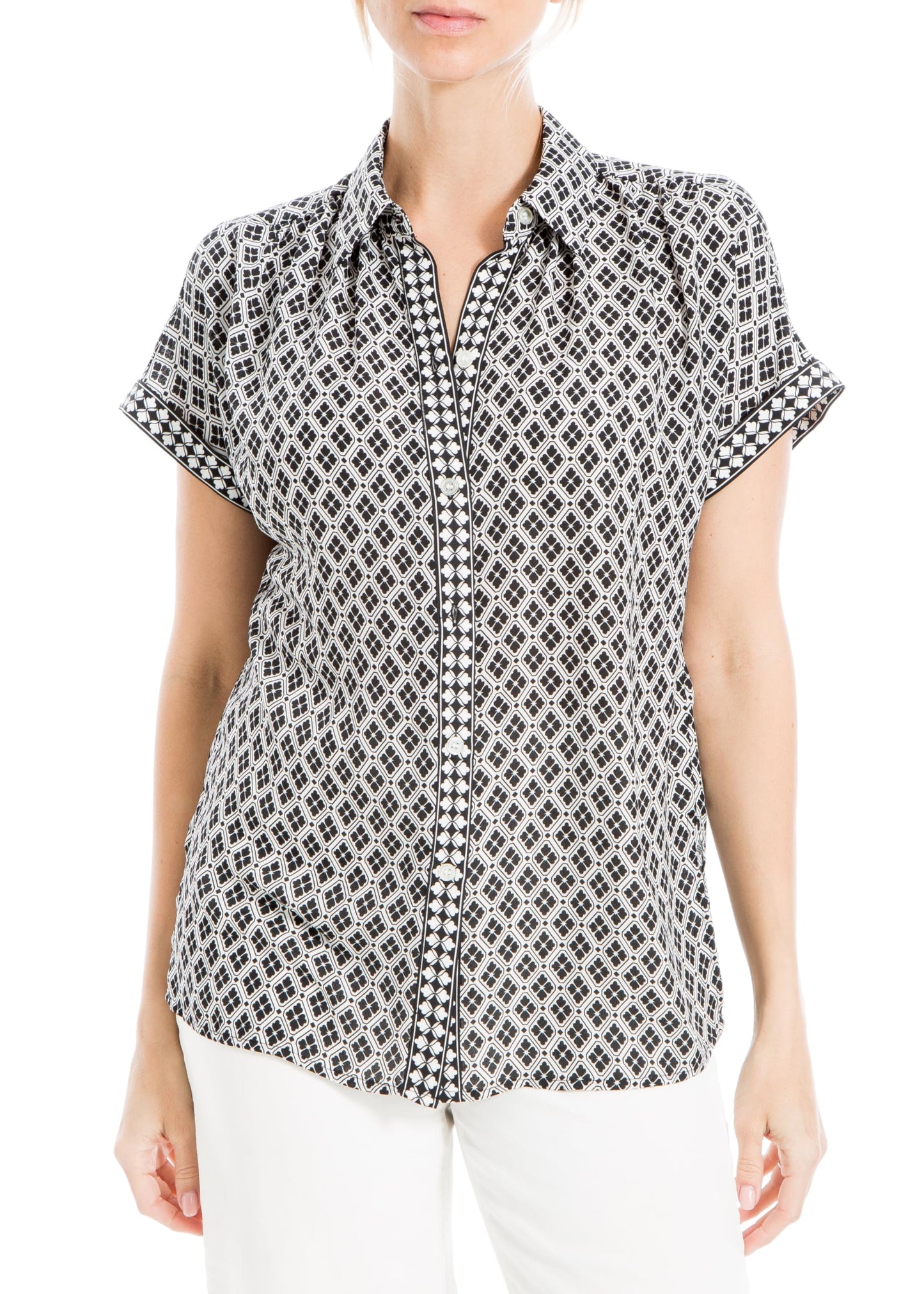 Max Studio Women's Short Sleeve Button Collar Blouse US Large, Black/Cream