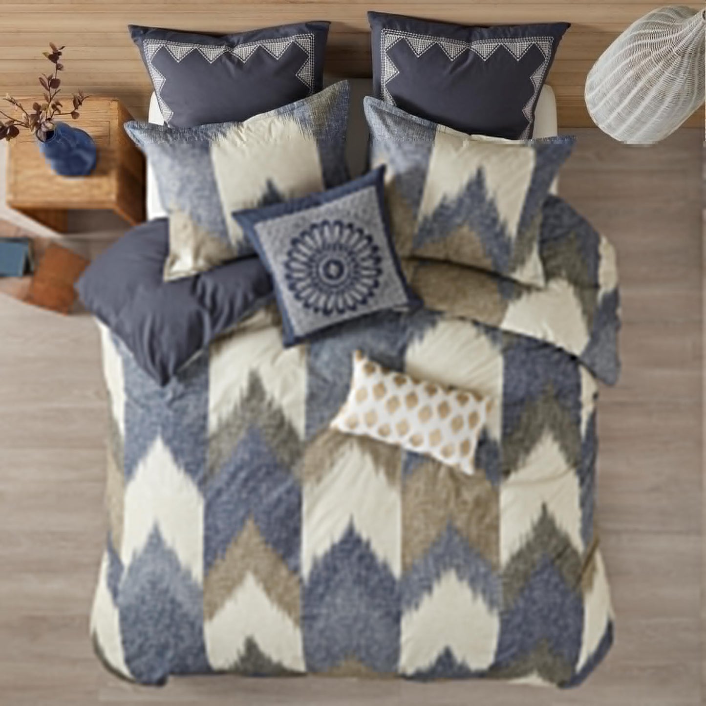 InkIvy King Size Comforter Set Cozy Cotton Comforter All Season Lightweight Comforter King Bed Set with 2 Matching Shams Modern Cabin Lodge Ikat Chevron Design Navy KingCal King 3 Piece