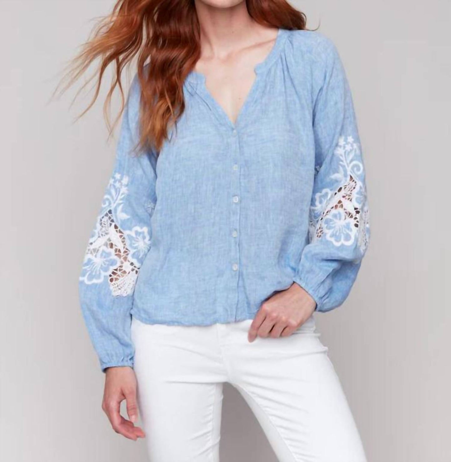 Charlie B - Cotton-linen Button-front Blouse With Embroidery
