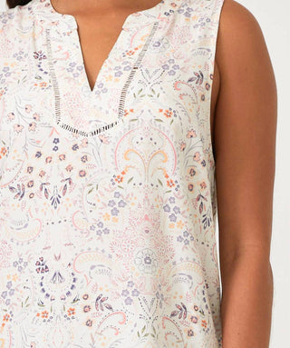 Lovestitch - Women's Floral Lattice Trim Split V Neck Tank Top