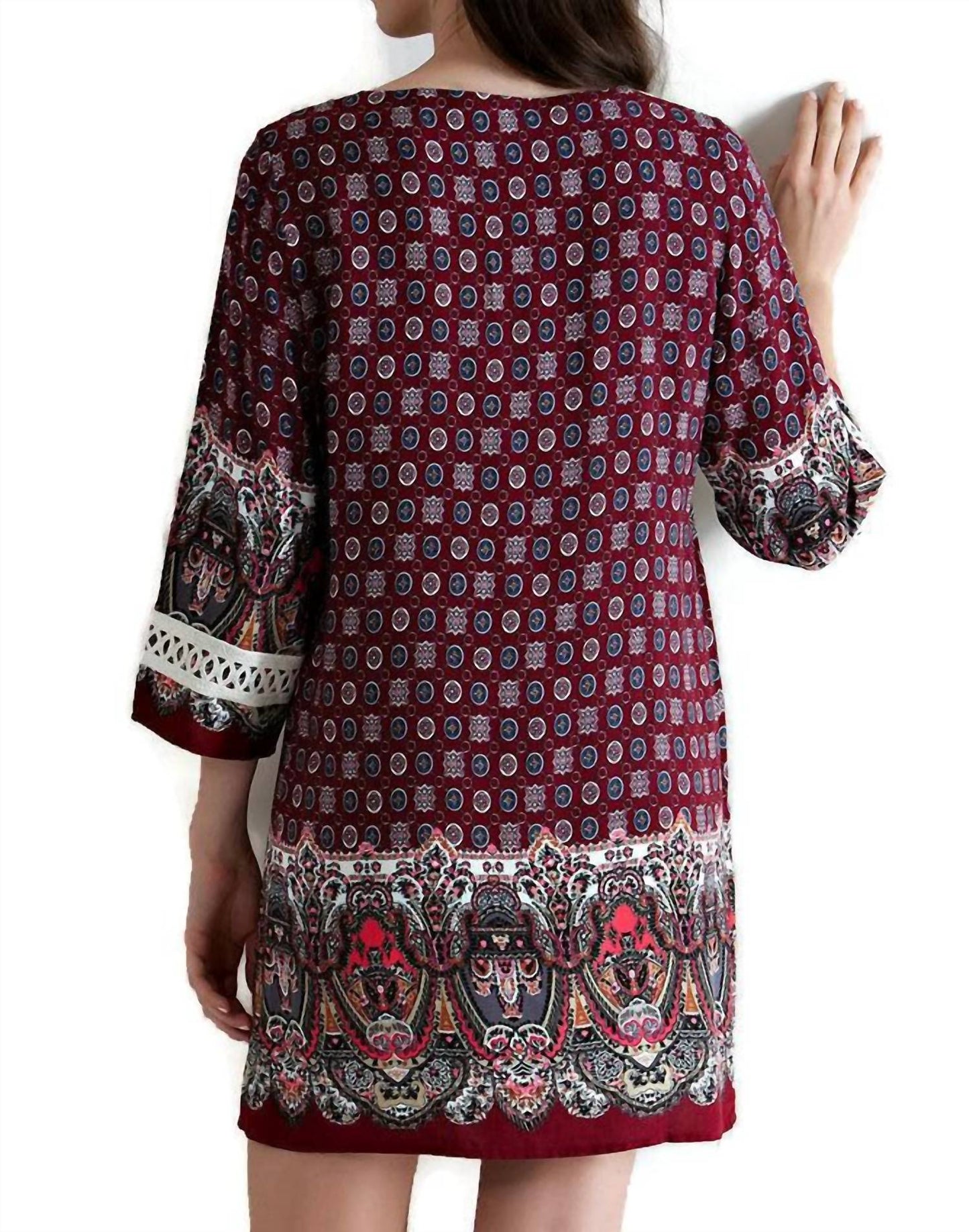 Entro - Border Print Lace Up Tassel Tie Dress