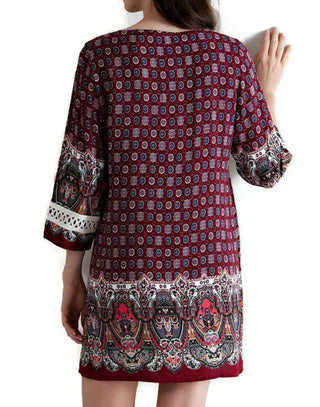 Entro - Border Print Lace Up Tassel Tie Dress