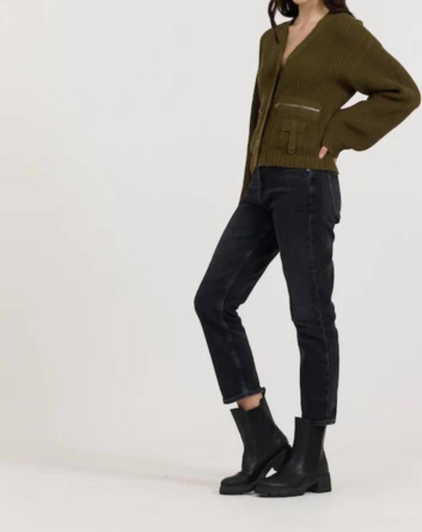 Vintage Havana - deep olive fitted utiility cardigan