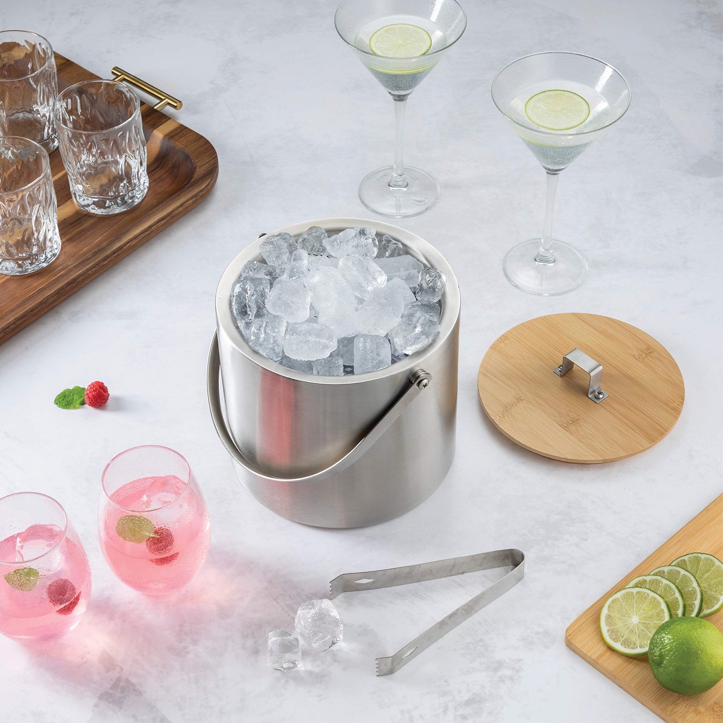 Double- Wall Stainless Steel Insulated Ice Bucket with Lid & Ice Tong