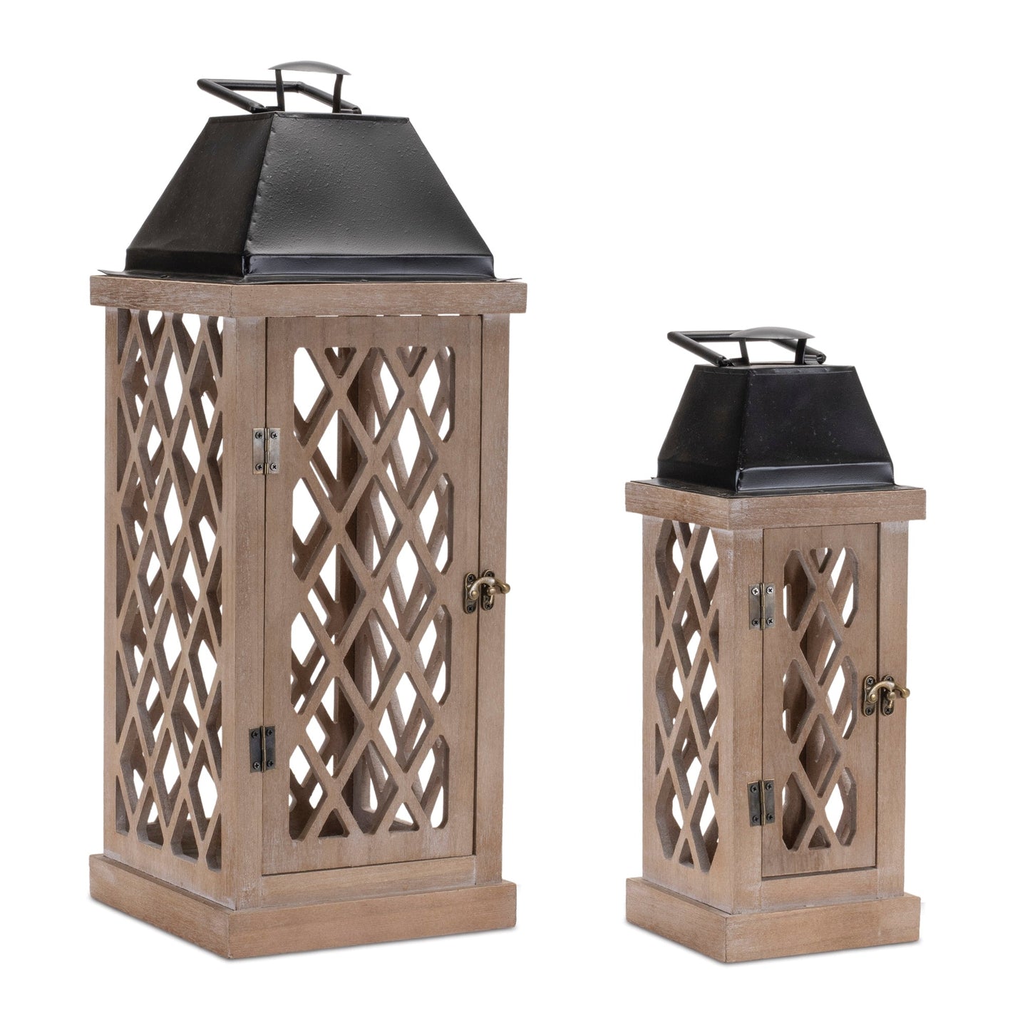 Lattice wood lantern with metal lid (set of 2)