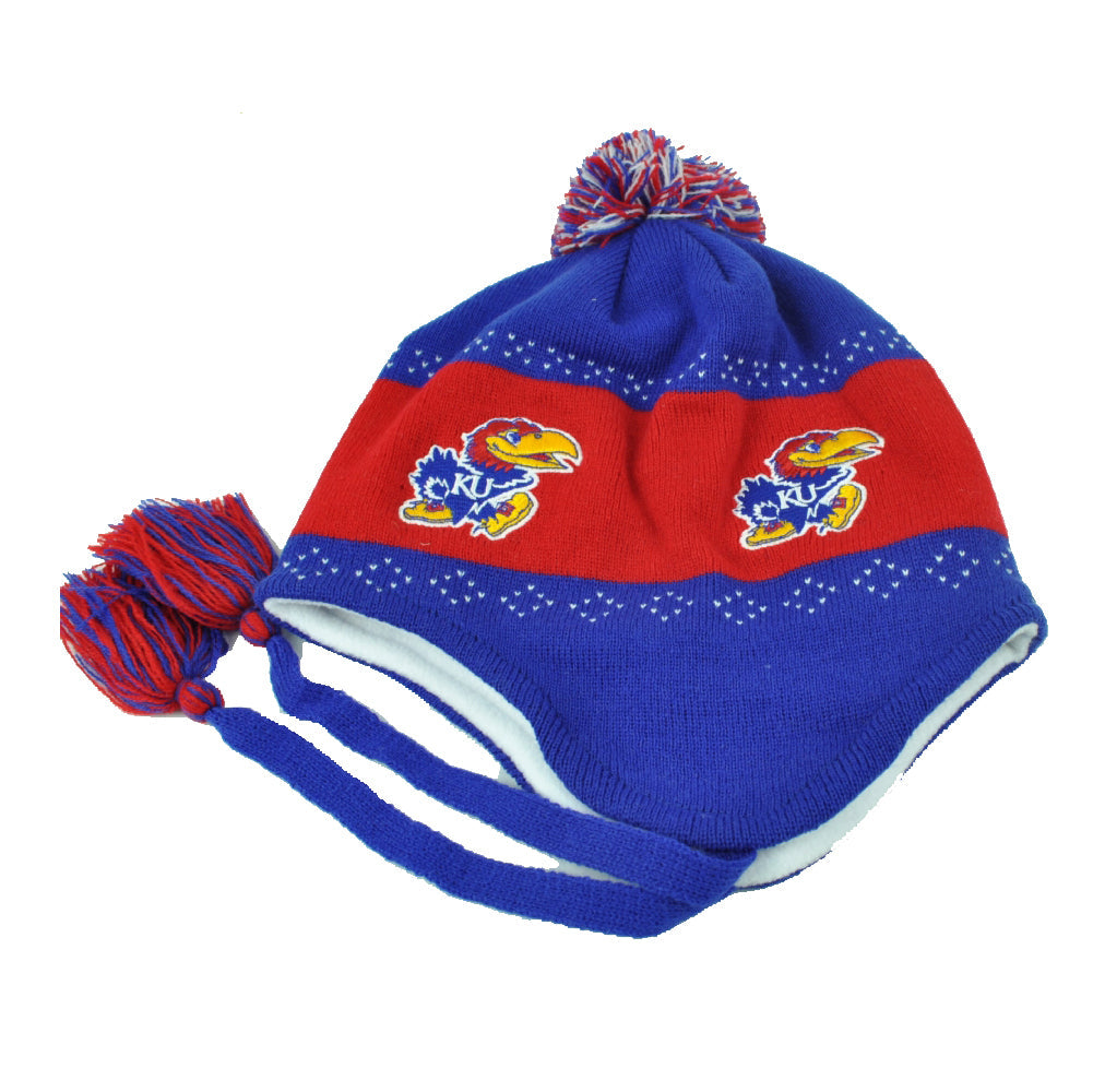 NCAA Kansas Jayhawks Pom Pom Flap Jack Tassel Knit Beanie Ear Flap Peruvian