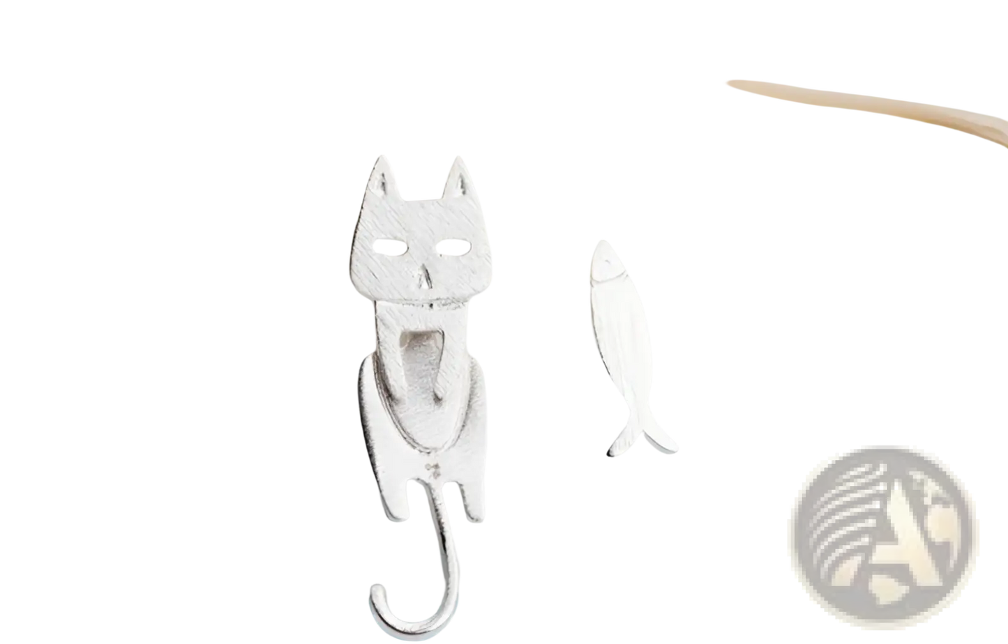 925 Sterling Silver Asymmetric Cat and Fish Stud Earrings