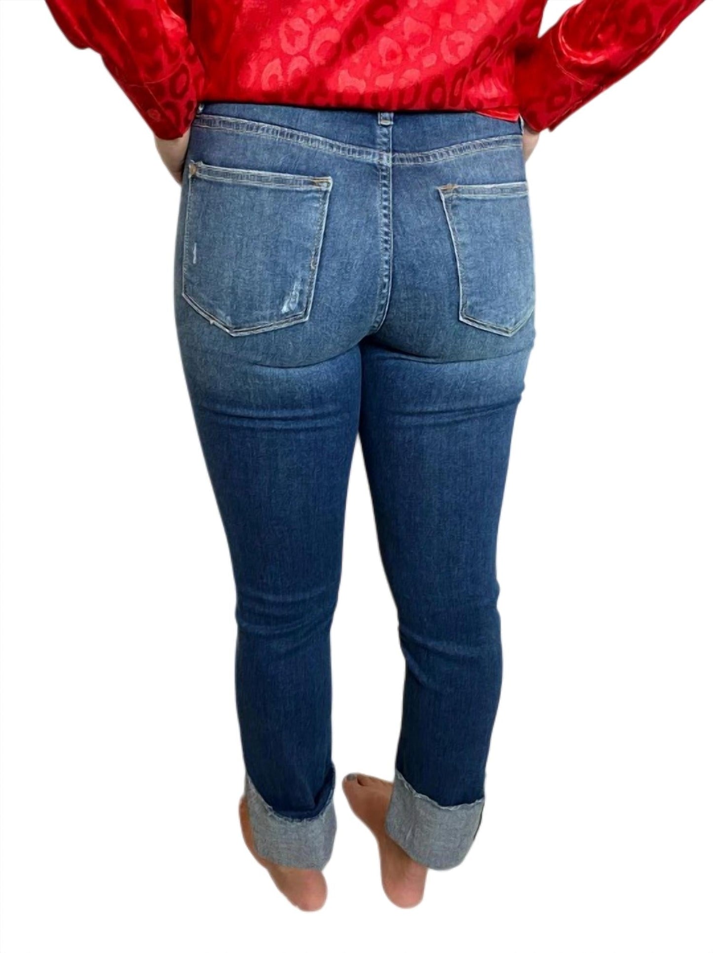 Judy Blue - Mid Rise 4" Cuff Destroyed Knee Jeans
