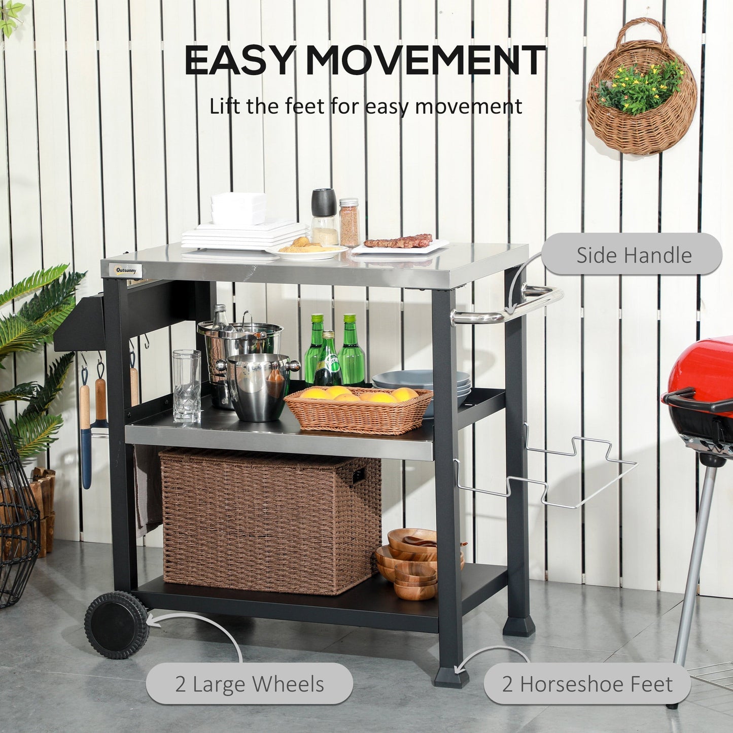 Outsunny Three-Shelf Outdoor Grill Cart with Stainless Steel Tabletop