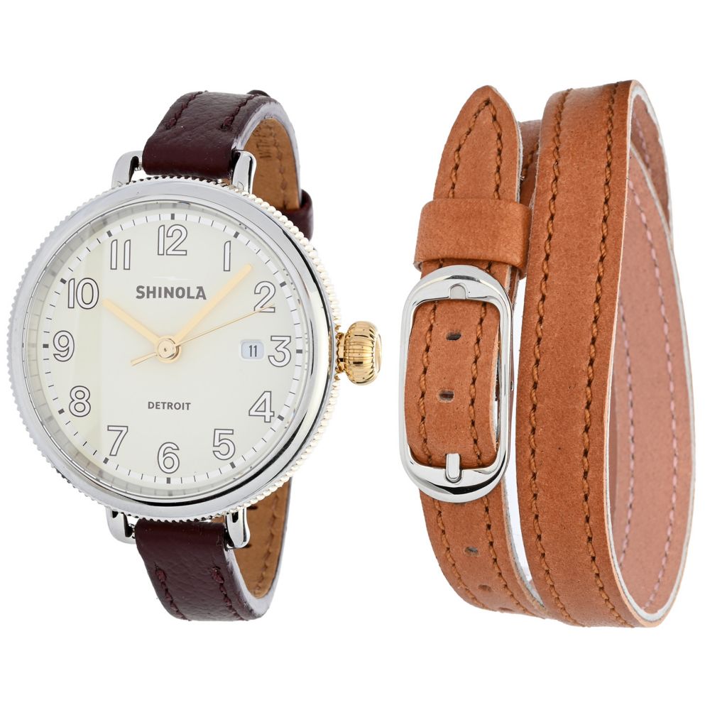 Shinola 38mm Birdy Quartz Date Watch w/ 2 Leather Straps