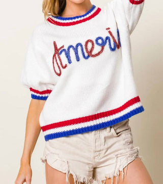 Trendsi - BiBi Metallic America Letter Short Sleeve Sweater