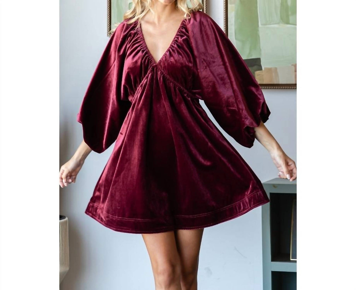 Veveret - Velvetpuff Sleeve Deep V-Neck Short Dress