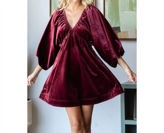 Veveret - Velvetpuff Sleeve Deep V-Neck Short Dress