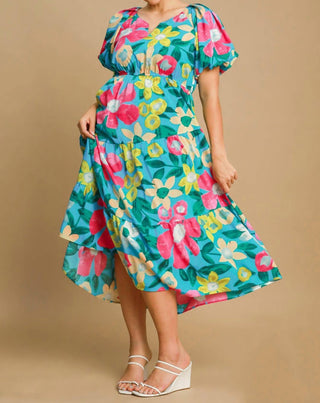Trendsi - Umgee Full Size Tiered Floral Print Notched Puff Sleeve Midi Dress Plus Size