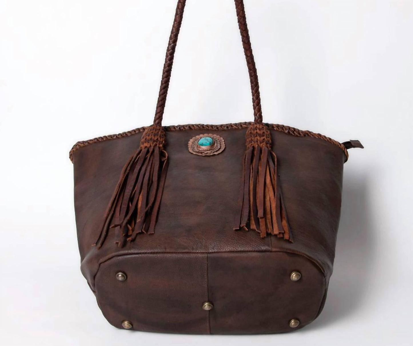American Darling - Women's Turquoise Braided Handle Fringe Shoulder Tote Bag