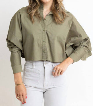 Karlie - Solid Poplin Ruffle Back Button Top