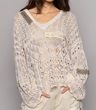Pol - NATURAL CROCHET WITH TRIM DETAIL LONGSLEEVE TOP