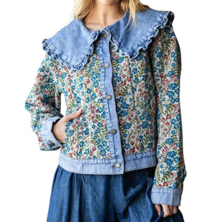 Veveret - Vintage Jacquard Ruffle Collar Denim Jacket