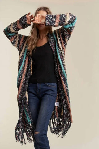 Trendsi - Adora Multi Colour Sweater Long Cardigan With Fringes