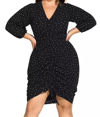 City Chic Women's Ruched Dot Print Dress Black Size 24W