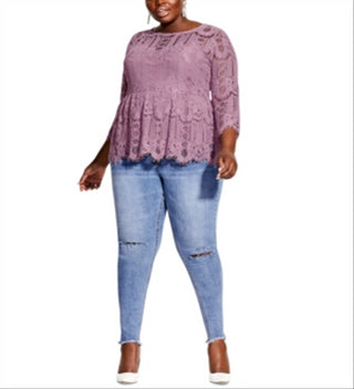 City Chic Women's Trendy Plus Everything Lace Peplum Top Pink Size 18W