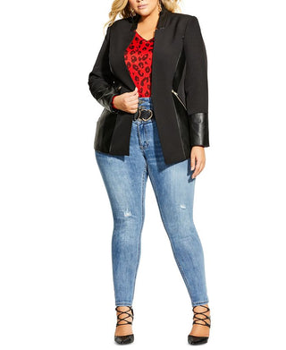 City Chic Women's Trendy Plus Faux Leather Trimmed Blazer Black Size 20W