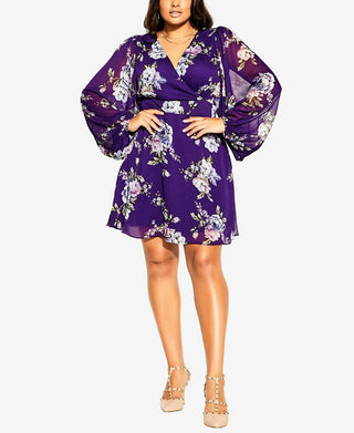 City Chic Women's Wild Floral Mini Dress Purple Size 14W