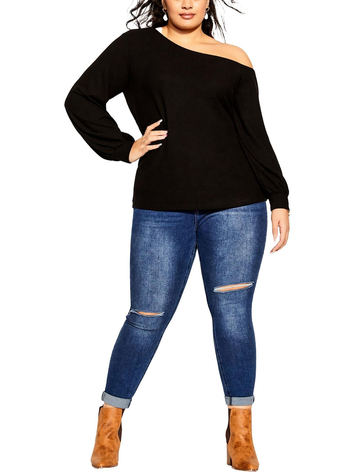 City Chic Long Sleeve One-Shoulder Top, Black, Size XXL