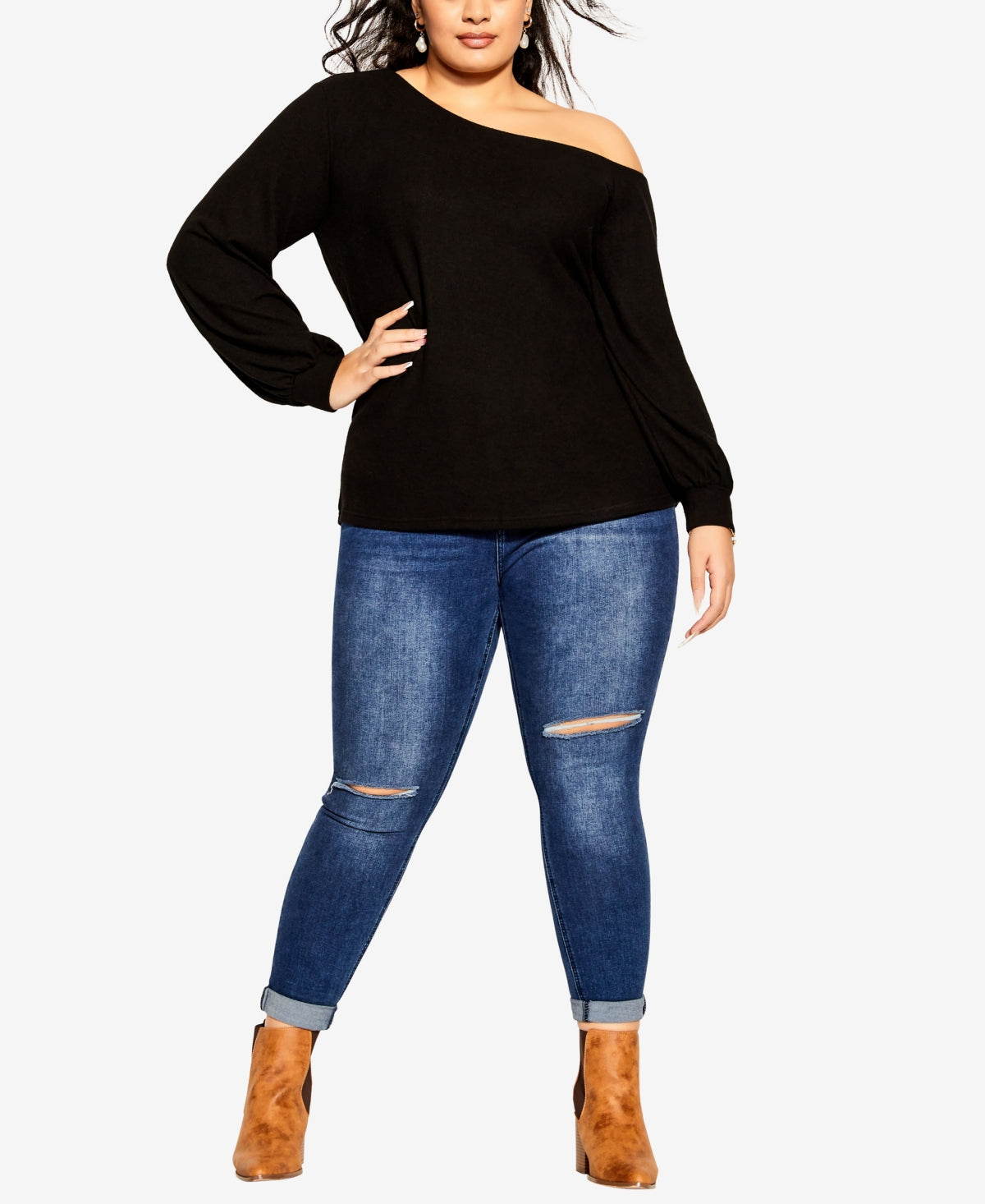 City Chic Long Sleeve One-Shoulder Top, Black, Size XXL