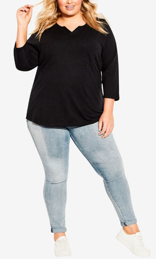 Avenue Women's Notch Neck 3/4 Sleeve Plain T-Shirt Black Size 18W