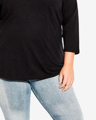 Avenue Women's Notch Neck 3/4 Sleeve Plain T-Shirt Black Size 18W