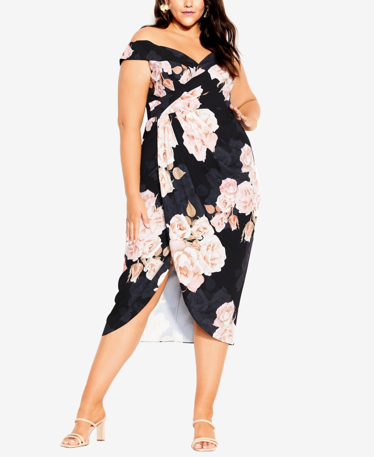 City Chic Women's Amour Floral Print Off the Shoulder Dress Black Size Medium