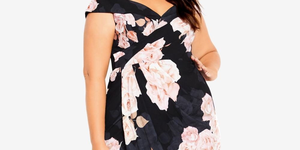 City Chic Women's Amour Floral Print Off the Shoulder Dress Black Size Medium