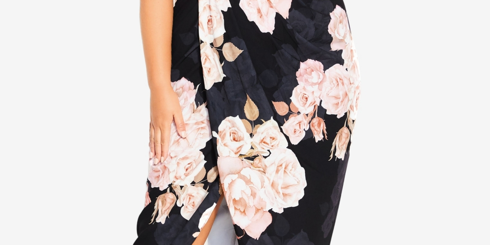 City Chic Women's Amour Floral Print Off the Shoulder Dress Black Size Medium